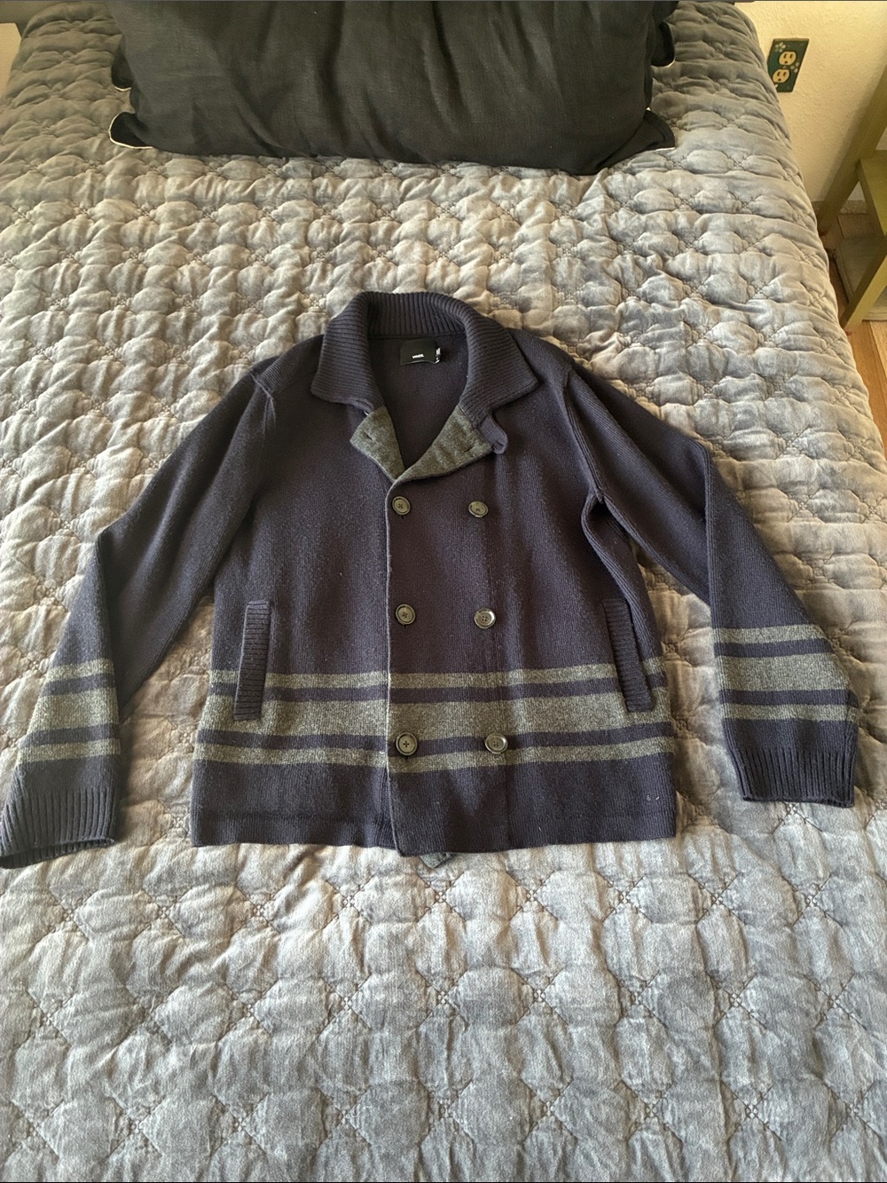 Vince Knit Double-Breasted Pea Coat in Navy with Gray Stripes